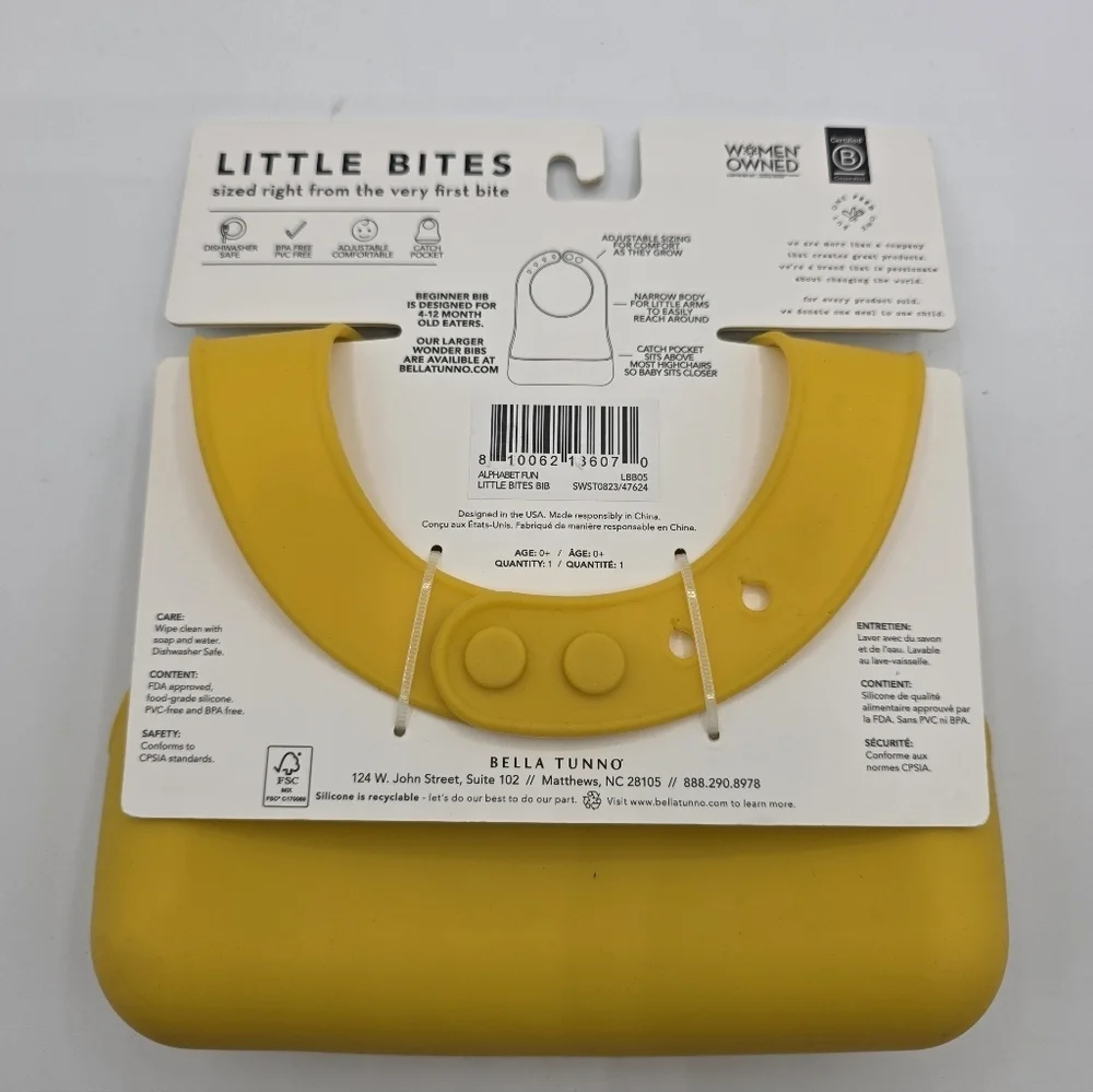 Bella Tunno Little Bites Silicone Bib NWT Learn to Eat Beginner 0+ ABCs Yellow